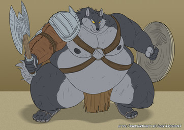 anthro armor axe battle_axe belly bottomwear claws clothed clothing double_bitted_axe footwear fur gladiator grey_body grey_fur harness harness_ring holding_axe holding_battle_axe holding_melee_weapon holding_object holding_shield holding_weapon leather leather_armor loincloth male melee_weapon moobs musclegut muscular muscular_anthro muscular_male nipples obese obese_anthro obese_male overweight overweight_anthro overweight_male pecs sandals shield shoes shoulder_guards solo standing steel_armor text thick_thighs toe_claws warrior weapon wide_hips xxsparcoxx canid canine canis mammal wolf hi_res url