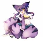 4_fingers anthro blush bottomwear breasts claws cleavage clothed clothing digitigrade dipstick_tail female fingers fur hair huge_hips huge_thighs hyper hyper_hips hyper_thighs kemono kneeling markings multicolored_tail navel open_mouth purple_body purple_fur shorts simple_background solo striped_body striped_fur stripes tail tail_markings thick_thighs tight_clothing tongue white_body white_fur wide_hips yellow_eyes toumitu tsukiyo unknown_species 2017 hi_res