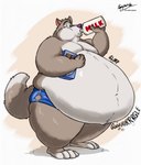 anthro belly big_belly bottle bottomwear box claws clothed clothing container cookie_box fur half-closed_eyes holding_box holding_container holding_milk_bottle holding_object looking_back male milk milk_bottle milk_container morbidly_obese morbidly_obese_anthro morbidly_obese_male narrowed_eyes navel obese obese_anthro obese_male overweight overweight_anthro overweight_male puffed_cheeks rumbling_stomach solo sound_effects standing tail text torn_bottomwear torn_clothing torn_underwear underwear underwear_only husky2paws cookie_crisp chip_the_wolf canid canine canis mammal wolf 2024 hi_res signature