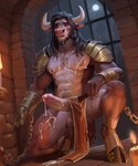 abs anthro armor beard big_penis black_hair bodily_fluids body_hair bottomwear bottomwear_aside bracers brown_body brown_fur bulge chained_up chest_hair clothing clothing_aside cloven_hooves cum cum_drip cum_on_chest cum_on_face cum_on_own_chest cum_on_own_face cum_on_self detailed_bulge dripping erection facial_hair foreskin front_view full_moon fur genital_fluids genital_outline genitals gloves hair handwear hooves horn humanoid_genitalia humanoid_penis inside loincloth loincloth_aside long_hair male manly moon muscular muscular_anthro muscular_male pauldron pecs penis penis_outline prison prisoner scar shirtless_male solo tagonkrat bovid bovine cattle mammal absurd_res hi_res