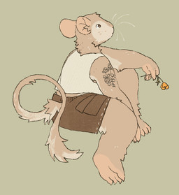 ambiguous_gender anthro arm_tattoo belly bottomwear brown_bottomwear brown_clothing brown_eyes brown_shorts claws clothing flower fur holding_flower holding_object looking_up paws pink_ears plant shirt shorts sitting solo tan_body tan_fur tank_top tattoo thick_thighs topwear whiskers white_belly white_clothing white_sclera white_shirt white_tank_top white_topwear clover-mouse mammal mouse murid murine rodent animated digital_media_(artwork)