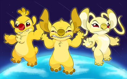 3_toes 4_fingers 4_toes angry antennae_(anatomy) antennae_markings anthro biped buckteeth chest_markings chest_tuft claws clenched_teeth dipstick_antennae ear_markings eyebrows feet female finger_claws fingers floating fur glowing group head_tuft long_antennae looking_at_viewer male markings multicolored_antennae narrowed_eyes notched_ear raised_eyebrow red_eyes red_nose small_tail space super_form super_transformation tail teeth toes trio tuft yellow_body yellow_fur yellow_nose angoraram disney lilo_and_stitch angel_(lilo_and_stitch) reuben_(lilo_and_stitch) stitch_(lilo_and_stitch) alien experiment_(lilo_and_stitch) 16:10 2026 digital_drawing_(artwork) digital_media_(artwork) english_description hi_res widescreen