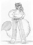 anthro badge barefoot big_breasts biped breasts claws clothing dipstick_tail eyewear feet female fluffy fluffy_tail glasses hands_on_hips huge_breasts inner_ear_fluff looking_at_viewer markings multicolored_tail necktie nipple_outline simple_background solo tail tail_markings toe_claws tuft uniform wolfkidd chalenthra_vonic arctic_fox canid canine fox mammal true_fox 2017 greyscale monochrome