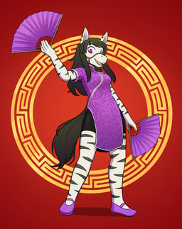 anthro asian_clothing black_hair black_tail breasts chinese_clothing clothed clothing east_asian_clothing female footwear hair hand_fan open_mouth purple_clothing purple_eyes shoes solo tail robin_dassen equid equine mammal zebra hi_res