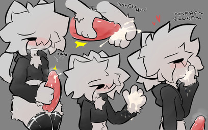 anthro black_clothing black_hoodie black_topwear blush bodily_fluids bottomless chest_tuft clothed clothing cropped_hoodie cum cum_in_mouth cum_in_own_mouth cum_in_self cum_inside cum_on_clothing cum_on_hand cum_on_hoodie drinking drinking_cum drinking_own_cum ejaculating_on_self ejaculation footwear genital_fluids genitals grey_background heart_symbol hoodie legwear licking licking_cum male masturbation onomatopoeia penis self_lick simple_background sitting socks solo sound_effects steamy_penis stroking_penis sweat text thigh_highs thigh_socks tongue topwear tuft borocore felid feline mammal absurd_res hi_res