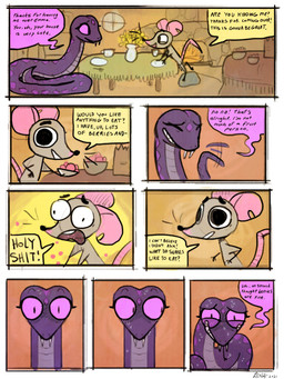 awkward berry bodily_fluids dialogue duo eyes_closed fangs female female/female feral fireplace food fruit fur furniture inside open_mouth plant predator/prey pupils purple_body purple_eyes purple_scales scales sharp_teeth size_difference slit_pupils speech_bubble sweat table tan_body tan_fur teeth text torn_ear waving_tail whiskers pine_petrichor mammal mouse murid murine reptile rodent scalie snake 3:4 absurd_res comic english_text hi_res