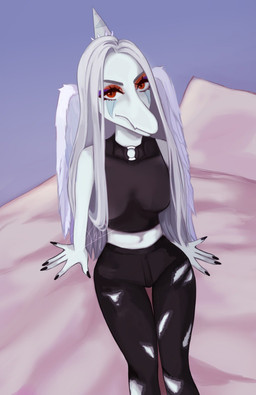 anthro bed bedding black_bottomwear black_clothing black_crop_top black_pants black_shirt black_topwear blue_body bone_frill bottomwear breasts clothed clothed_anthro clothed_female clothing crop_top feathered_wings feathers female female_anthro fingers frill_(anatomy) front_view frown furniture grey_body grey_feathers grey_hair hair high-angle_view humanoid_hands inside long_hair looking_at_viewer markings medium_breasts midriff navel non-mammal_breasts non-mammal_navel on_bed pants pillow purple_background red_eyes shirt simple_background sitting solo striped_markings stripes text topwear torn_bottomwear torn_clothing torn_pants unimpressed wings akky19 goodbye_volcano_high ko_op_(game_developer) fang_(gvh) prehistoric_species pterosaur reptile scalie artist_name colored hi_res shaded