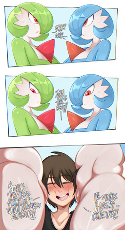 black_clothing black_hair black_shirt black_topwear blue_body blue_hair blush bodily_fluids brown_hair chest_spike clothing confusion dialogue female flat_chested green_body green_hair group hair interspecies looking_at_another lower_body male male/female not_furry open_mouth orange_eyes pokemon_speak pseudo_hair pupils red_eyes shirt side_view smile smothering spikes spikes_(anatomy) sweat text thick_thighs toned_belly topwear trio unsure upper_teeth white_body white_sclera saltyxodium nintendo pokemon gardevoir generation_3_pokemon human humanoid mammal pokemon_(species) shiny_pokemon 2025 absurd_res chromatic_aberration comic digital_drawing_(artwork) digital_media_(artwork) english_text hi_res