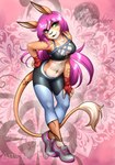 anthro breasts clothing female fingerless_gloves gloves green_eyes hair handwear midriff navel open_mouth purple_hair solo tail tail_tuft tuft abluedeer jennifer_(abluedeer) hybrid 2022 hi_res