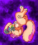 abstract_background anthro areola blue_claws blue_horn blue_nose blue_pawpads breasts butt_fluff claws digitigrade female fluffy fluffy_tail fur green_eyes horn mane nipples orange_body orange_fur pawpads pink_areola pink_mane pink_nipples purple_background simple_background solo spiral_eyes tail upside_down alchemyfox wickerbeast artist_name digital_drawing_(artwork) digital_media_(artwork) full-length_portrait hi_res portrait shaded soft_shading watermark