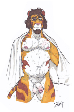 anthro balls beard bodily_fluids body_hair brown_hair facial_hair flaccid fluffy fluffy_chest foreskin front_view fur genitals hair humanoid_genitalia male nipples nude nude_anthro orange_body orange_fur penis scar short_hair simple_background smile solo standing tail towel towel_on_shoulder water_droplets wet wet_body white_background white_body white_fur yellow_eyes baraking felid mammal pantherine tiger 2020 colored hi_res signature