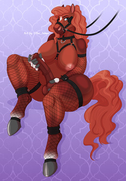 animal_genitalia animal_penis anklet anthro armwear bdsm blinders blue_eyes breasts bridle clothing equine_genitalia equine_penis eyewear fishnet_armwear fishnet_clothing fishnet_legwear genitals gynomorph hooves intersex jewelry legwear nipples pattern_background penis petplay ponyplay reins roleplay simple_background sitting solo conditional_dnp jalmu rainstorm_(marefurryfan) equid equine horse mammal