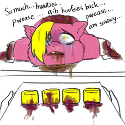 abuse ambiguous_feral ambiguous_gender ambiguous_human animal_abuse begging blonde_hair blood bodily_fluids bound crying dialogue exposed_muscle feral first_person_view flayed fur gore hair hair_over_eye hooves lying mutilation on_front open_mouth pain pink_body pink_fur snot suffering tears teeth text torture tray vomit yellow_hooves young young_feral yellowcottoncandy030 fluffy_pony fluffy_pony_(species) human mammal 1:1 2025 broken_language english_text hi_res