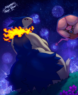 anthro big_butt breast_on_head breasts butt duo female female_anthro feral fireworks holidays male male/female walter_sache new_year nintendo pokemon pokemon_trainer generation_2_pokemon pokemon_(species) typhlosion absurd_res hi_res