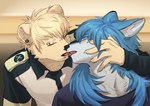 anthro anthrofied blonde_hair blue_hair blush bodily_fluids canon_couple duo ear_piercing ear_ring eyebrow_piercing eyes_closed facial_piercing french_kissing fur hair kissing lip_piercing long_hair male male/male piercing ring_piercing sweat asure dramatical_murder nitro+chiral aoba_seragaki noiz_(dmmd) canid canine canis domestic_cat felid feline felis mammal wolf 2022 absurd_res hi_res