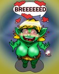 areola big_breasts blonde_hair blue_background blush blush_lines breasts clothed clothing dialogue eyelashes female grass_skirt green_areola green_body green_nipples green_skin hair heart_symbol high-angle_view humanoid_pointy_ears impregnation_request looking_at_viewer nipples open_mouth pink_eyes pointy_ears short_hair simple_background solo speech_bubble text topless yellow_background crazycowproductions goblin humanoid