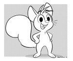 anthro arms_bent biped buckteeth chest_tuft dotted dotted_background eyebrow_through_hair eyebrows featureless_crotch fluffy fluffy_tail fur hair hands_on_hips happy head_tuft looking_at_viewer male nude open_mouth pattern_background paws shadow simple_background simple_eyes smile solo squirrel_tail standing tail teeth tongue translucent translucent_hair tuft whisker_spots whiskers white_background squirrelman henry_squirrelman mammal rodent sciurid tree_squirrel black_and_white digital_media_(artwork) monochrome