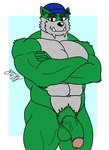 abs anthro big_muscles black_eyes blue_cap fur genitals green_body green_fur looking_at_viewer male muscular nude penis solo gorrizz richard_devil dasyurid dasyuromorph mammal marsupial tasmanian_devil 2021 hi_res