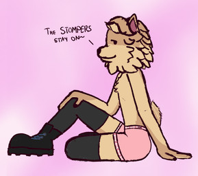 anthro black_boots black_clothing black_footwear bone boots boxer_briefs chest_tuft clothed clothing femboy footwear fur hand_on_ground hand_on_knee hand_on_leg leggings legwear male partially_clothed pink_clothing pink_underwear shoes side_eye simple_background sitting smile smirk solo tail text topless topless_male tuft underwear styxyesrenegade epic_games fortnite fetch_(fortnite) canid canine canis domestic_dog mammal pomeranian spitz 2026 colored digital_drawing_(artwork) digital_media_(artwork) english_text hi_res sketch