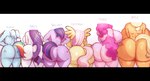 anthro big_breasts big_butt black_bars blonde_hair blue_body blue_feathers blue_fur breasts bubble_butt butt cutie_mark feathered_wings feathers female fur glistening glistening_butt group hair hand_on_hip highlights_(coloring) huge_breasts huge_butt long_hair multicolored_tail nude orange_body orange_fur pink_body pink_fur pink_hair pink_highlights presenting presenting_hindquarters purple_body purple_fur purple_hair simple_background tail text thick_thighs white_background white_body white_fur wide_hips wings yellow_body yellow_feathers yellow_fur xothdys friendship_is_magic hasbro my_little_pony mythology applejack_(mlp) fluttershy_(mlp) pinkie_pie_(mlp) rainbow_dash_(mlp) rarity_(mlp) twilight_sparkle_(mlp) equid equine horse mammal mythological_creature mythological_equine pegasus pony absurd_res hi_res letterbox
