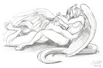 anthro breasts duo feathers female hooves hug kissing love lying male nipples nude pose romantic wings sunny_way mythology steven_saidon sunny_way_(character) equid equine horse mammal mythological_creature mythological_equine pegasus pinup traditional_media_(artwork)