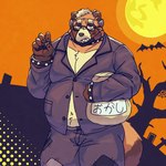 anthro bottomwear brown_body clothing costume face_mask halloween_costume holidays humanoid_hands kemono male moon night outside overweight overweight_male pants plant shirt solo text topwear tree maron2475 halloween canid canine mammal raccoon_dog tanuki 2022 hi_res japanese_text