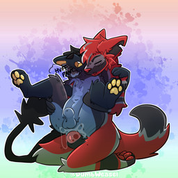 anal animal_genitalia anthro balls bite_taken blue_body blue_fur bodily_fluids breath cum cum_inside duo fur genital_fluids genitals knot knotted_penis male male/male maxwolfy panting penis red_body red_fur sex sheath weaseldumb joey_(joeythefolf) hybrid 1:1 hi_res