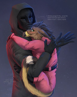 ambiguous_feral ambiguous_form ambiguous_gender beak black_body black_tail brown_body brown_fur clothed clothed_feral clothing duo ears_back feral fur green_eyes grey_beak grey_clothing holding_another looking_at_viewer male mask mouth_closed pink_clothing pivoted_ears simple_background tail wearing_mask yellow_beak yellow_tail santanahoffman mythology avian gryphon mythological_avian mythological_creature absurd_res hi_res