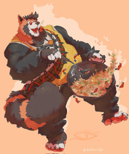 alternate_species anthro asian_clothing black_body black_fur chinese_clothing clothing cooking east_asian_clothing eyewear food fried_rice fur glasses male orange_background orange_body orange_fur overweight overweight_male rice ring shirt simple_background solo topwear white_body white_fur yellow_clothing yellow_shirt yellow_topwear chuchowriggle mihoyo zenless_zone_zero pan_yinhu ailurid mammal red_panda 2025 hi_res