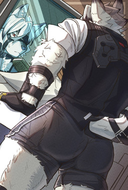 anthro big_butt black_hair black_highlights bodily_fluids bottomwear broad_shoulders bubble_butt bulge butt clothing fingerless_gloves fur gloves hair handwear highlights_(coloring) hotpants looking_at_viewer looking_down male mirror muscular muscular_anthro muscular_male prosthetic prosthetic_leg prosthetic_limb shirt shorts solo sweat tail thick_thighs tight_clothing topwear vest white_body white_fur white_hair eichi_doraking mihoyo zenless_zone_zero von_lycaon canid canine canis mammal wolf hi_res
