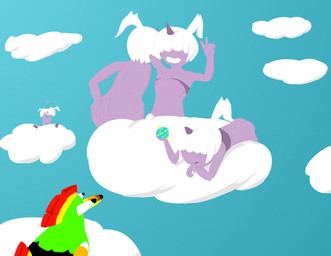 ambiguous_gender bulging_eyes butt clothed clothing clothing_lift cloud covered_eyes female gesture hair hand_gesture hand_on_butt horn nude pal_sphere ponytail rear_view shirt shirt_lift sky skyscape topwear v_sign white_hair sock_puppeteer palworld pocketpair dazzi_(pal) humanoid pal_(species) tocotoco absurd_res hi_res