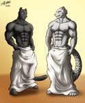 abs anthro black_body black_fur blue_eyes clothed clothing duo fur male male/male muscular muscular_anthro muscular_male navel nipples pecs topless topless_anthro topless_male towel towel_only white_body white_fur alkan luben_(character) lucas_(character) felid leopard mammal pantherine snow_leopard absurd_res hi_res