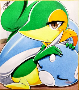 3_fingers ambiguous_gender anthro arms_on_head blue_body blush blush_lines brown_eyes close_together cuddling duo eyes_closed feral fingers forehead_gem gem green_body hug kneeling looking_aside markings multicolored_body neck_collar open_mouth raised_tail simple_background sleeping tail tan_body white_body yellow_eyelids 025aki nintendo pokemon dratini generation_1_pokemon generation_5_pokemon pokemon_(species) snivy hi_res signature