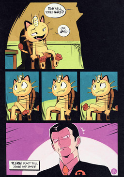ambiguous_gender anthro biped black_body black_eyes black_hair bound brown_body brown_fur chair clothed clothing crossed_legs cute_fangs dialogue duo fangs featureless_crotch fur furniture hair inside male multicolored_body multicolored_fur null pawpads paws presenting silhouette sitting smile speech_bubble suit teeth text yellow_body yellow_fur edtropolis basic_instinct nintendo pokemon team_rocket giovanni_(pokemon) meowth_(team_rocket) generation_1_pokemon human mammal meowth pokemon_(species) 2024 absurd_res comic english_description english_text hi_res meme