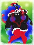 anthro anthrofied areola big_breasts blue_eyes blue_hair blue_lips blue_lipstick blue_tail breasts christmas_clothing christmas_headwear cloak clothing eyeshadow fangs female gloves hair handwear hat headgear headwear holidays horn huge_breasts legwear lips lipstick looking_at_viewer makeup nipples purple_eyeshadow sack santa_hat solo stockings tail teeth thick_thighs wings chango-tan christmas friendship_is_magic hasbro my_little_pony mythology nightmare_moon_(mlp) equid equine mammal mythological_creature mythological_equine winged_unicorn absurd_res hi_res