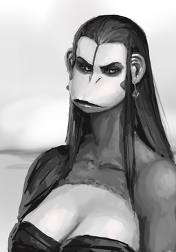 anthro big_breasts bikini breasts cleavage clothed clothing ear_piercing female hair lips long_hair piercing selective_coloring simple_background solo swimwear two-piece_swimsuit yellow_eyes redustheriotact haplorhine mammal monkey primate 2024 greyscale hi_res monochrome