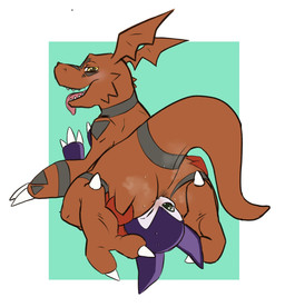 anal anthro anus bodily_fluids border butt_sniffing claws duo facesitting feet green_background green_eyes larger_male male male/male male_anthro musk oral purple_body red_body rimming sex short short_anthro short_male shortstack shortstack_male simple_background sitting sitting_on_another size_difference smaller_male sniffing sweat toe_claws white_border yellow_eyes tbid bandai_namco digimon demon digimon_(species) guilmon imp impmon digital_media_(artwork) hi_res