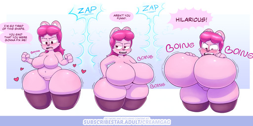 angry anthro big_breasts blush breast_expansion breasts clothing dialogue expansion featureless_breasts featureless_crotch female fur hair huge_breasts legwear legwear_only looking_aside looking_down mostly_nude open_mouth pink_body pink_fur pink_hair solo stockings stockings_only text thick_thighs wide_hips creamgag grace_(creamgag) domestic_cat felid feline felis mammal 2025 digital_media_(artwork) english_text hi_res sequence