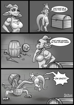 ambiguous_gender anthro axe barrel big_breasts biped bone breasts butt chest_(container) cleavage clothed clothing dialogue duo eyelashes female female/ambiguous melee_weapon non-mammal_breasts profanity pupils skull smile speech_bubble sword text thick_thighs tongue tongue_out weapon pink_prawn mythology rummy_(pink_prawn) kobold mimic mythological_creature mythological_scalie scalie absurd_res comic english_text hi_res