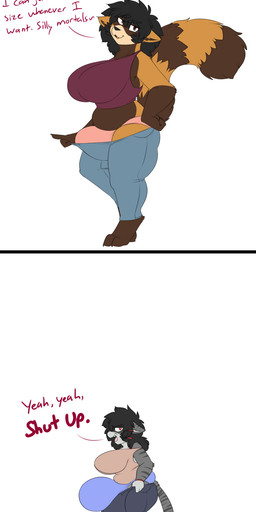 anthro barefoot before_and_after big_breasts black_hair bottomwear breasts brown_body brown_fur bulge clothing dialogue digitigrade feet fur grey_body grey_fur gynomorph hair intersex open_mouth pants shortstack shrinking side_view size_transformation smile species_transformation standing text transformation robertge jason_markova domestic_cat felid feline felis mammal procyonid raccoon 2023 english_text hi_res