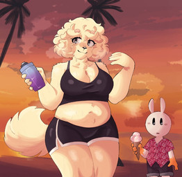 anthro belly black_nose blush blush_lines bodily_fluids bottomwear bra breasts brown_eyebrows brown_eyes cleavage clothed clothing dessert duo eyebrows female fluffy fluffy_tail food fur glistening glistening_eyes hair ice_cream long_tail musk pupils shirt short_hair smile spats sports_bra sweat tail tan_body tan_ears tan_fur tan_hair tan_tail thick_eyebrows tongue topwear underwear white_body white_ears white_fur skibanana jessica_(skibanana) canid canine canis domestic_dog lagomorph leporid mammal rabbit