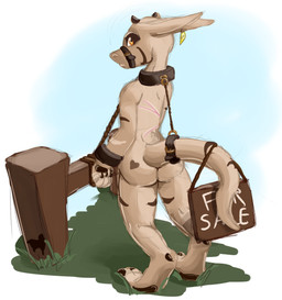 ambiguous_gender anthro bdsm bondage bound butt collar ear_piercing ear_tag for_sale looking_at_viewer looking_back nude piercing scar simple_background slave solo cheap-sheep kobold scalie absurd_res hi_res