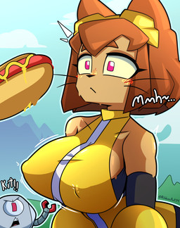 ambiguous_gender anthro anthro_focus big_breasts blush blush_face breasts dark_body dark_skin duo erect_nipples female female_focus food hot_dog nipples solo_focus tanned_skin damiribbon gameoverse glitch_productions kit_bodega domestic_cat felid feline felis humanoid mammal absurd_res hi_res
