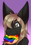 anthro big_ears dessert doughnut fangs food fur grey_body grey_fur hair lgbt_pride long_hair pastry pride_color_food pride_colors rainbow_pride_colors six-stripe_rainbow_pride_colors solo teeth rindeadsong biobatz bat mammal hi_res