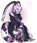 anthro bottomwear clothed clothing female footwear hair heart_symbol kemono pants purple_body purple_hair purple_scales scales scarf shoes sitting smile solo thin_calves thin_legs thin_thighs weibo_logo white_body white_scales zhang_gun weibo xiaohen_(zhang_gun) reptile scalie snake 2023 hi_res