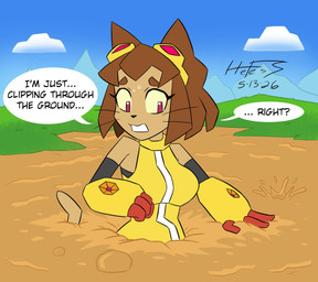 anthro breasts brown_body brown_hair bubble clenched_teeth clothing dialogue eyebrows eyelashes eyewear eyewear_on_head female goggles goggles_on_head hair mud peril quicksand sinking solo stuck teeth whiskers hefess gameoverse glitch_productions kit_bodega domestic_cat felid feline felis mammal 2026 hi_res