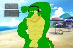 abs anthro balls beach blush collar collar_only electronics embarrassed exhibitionism flaccid flashing foreskin genitals headphones male muscular muscular_anthro muscular_male nipples non-mammal_balls non-mammal_nipples nude penis pronounced_browridge seaside solo speech_bubble text meteorsmash sega sonic_the_hedgehog_(series) vector_the_crocodile crocodile crocodilian reptile scalie absurd_res english_text hi_res