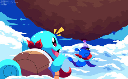 ambiguous_gender anthro black_eyes blue_body cloud duo emanata feral open_mouth tail tongue sleepy_sealion nintendo pokemon pokemon_mystery_dungeon spike_chunsoft generation_1_pokemon generation_7_pokemon pokemon_(species) popplio squirtle 16:10 2025 absurd_res dated hi_res signature widescreen