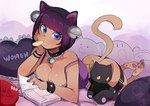 anthro bell bell_choker biped blue_eyes blush book bottomwear breasts brown_body butt choker clothing female food_in_mouth hair jewelry looking_at_viewer lying necklace pawpads pillow plushie shorts solo text_on_pillow lightsource chimiko domestic_cat felid feline felis mammal 2021 hi_res