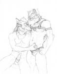 anthro clothing duo knot licking male male/male muscular muscular_male nude tongue tongue_out underwear neverwolf nintendo star_fox fox_mccloud wolf_o'donnell canid canine canis fox mammal wolf 2018 graphite_(artwork) hi_res monochrome traditional_media_(artwork)